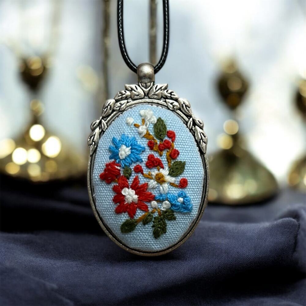 Embroidered Cameo Necklace with Red, White, Blue Flowers